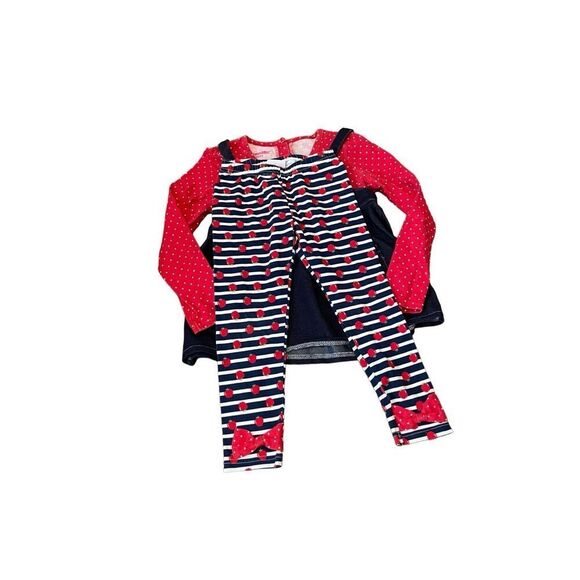 Nannette Girls Size 6 Denim Red Blue Top & Leggings Set Apple Motif Pockets Bows - Picture 6 of 6